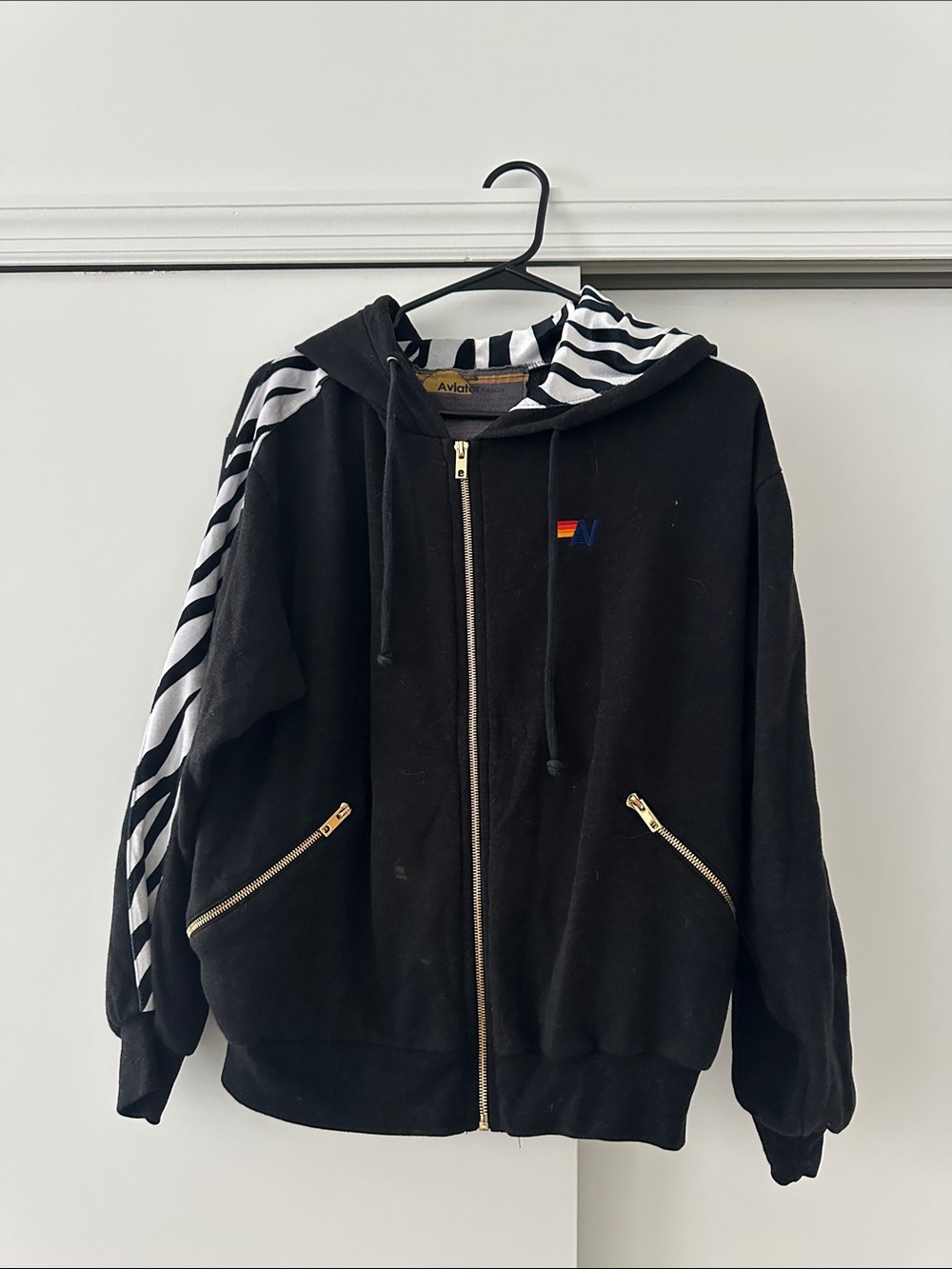 Women’s Aviator Nation Black Zip-Up Hoodie with Zebra Accents
